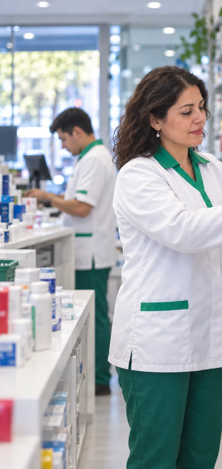 Dos trabajadores de farmacia chilenos ordenando productos en una sala de venta
